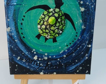Turtle Surf mini art painting on easel.by Cornish Artist Lindsey Keates Contemporary Realism