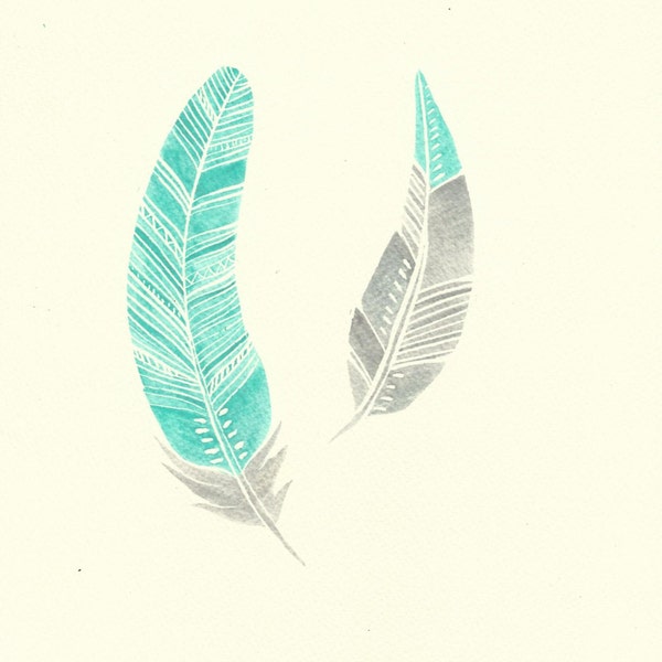 Mint Turquoise Aqua and Grey Modern Boho Feather Watercolour Painting - Original Modern Art - Home Decor
