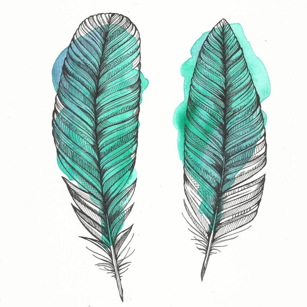 Watercolor Painting Pen and Ink Illustration Feather Art Feather Print Feather Drawing Emerald Green Watercolour Feathers