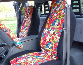 1 Set of Orange Wonder Woman Print Seat Covers and Steering Wheel Cover Custom Made.