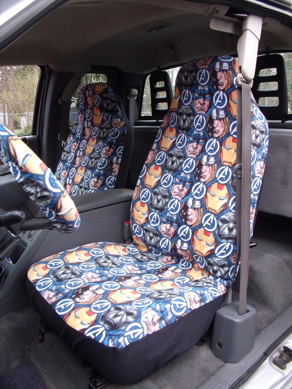 1 Set of Marvel Comics™ Avengers Print, Seat Covers and Steering Wheel Cover,  Custom Made. 