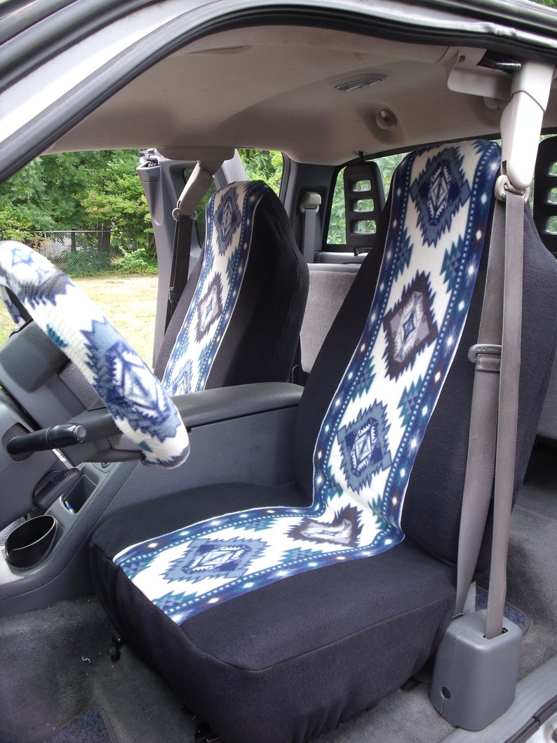 A Set Of Southwest Stripe Navy Native American Print Seat Covers And Steering Wheel Cover Custom Made