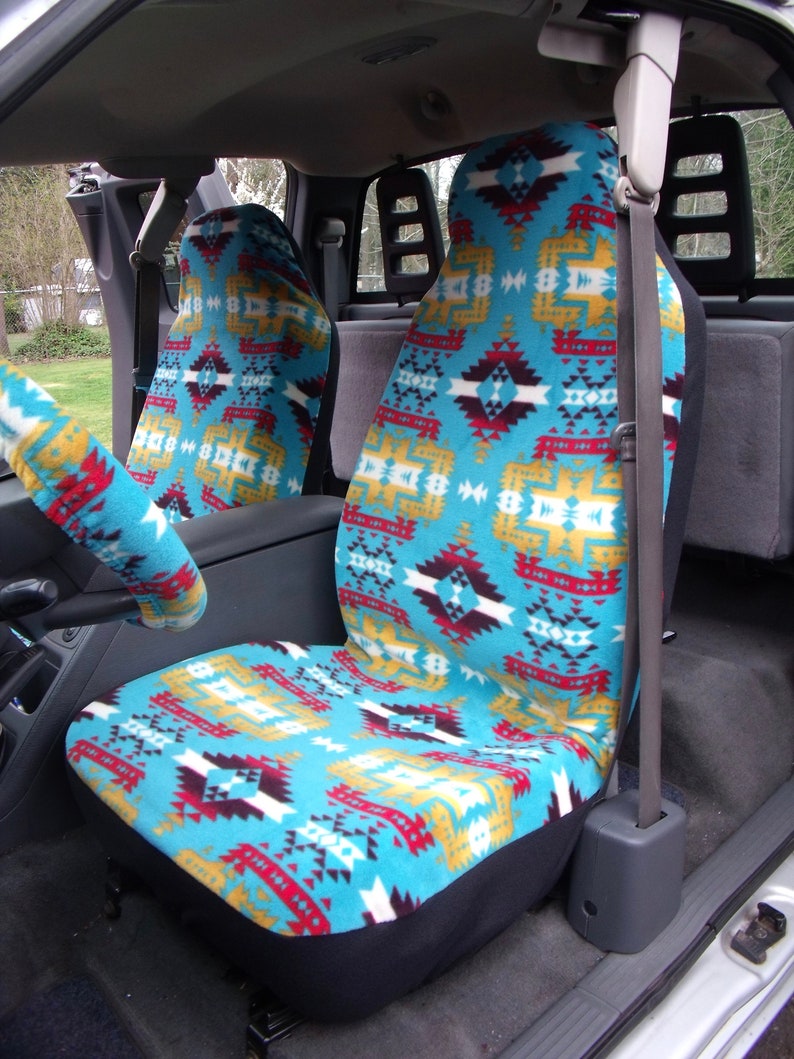 A Set Of Canyon Turquoise Native American Print Seat Covers And Steering Wheel Cover Custom Made