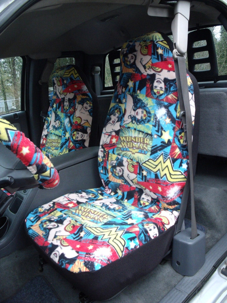1 Set Of Dc Wonder Woman Print Car Seat Covers And Steeling Wheel Cover Custom Made