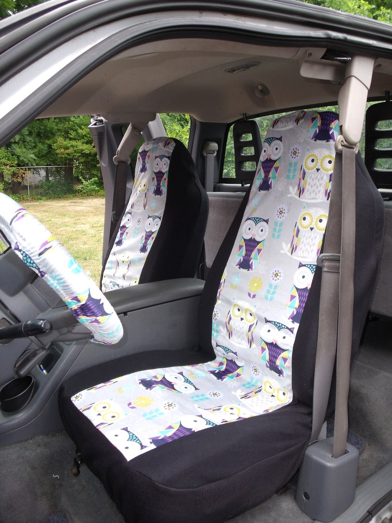 1 Set Of Owls Print Seat Covers And Steering Wheel Cover
