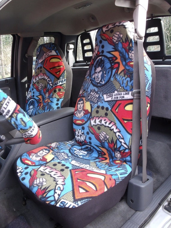 1 Set Of Superman Flying Print Car Seat Coves And Steering Wheel Cover Custom Made