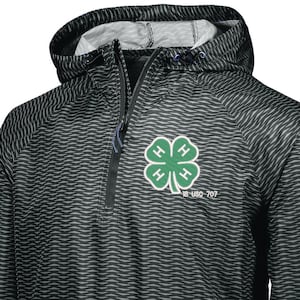 May include: Black and gray hooded jacket with a wave pattern. The jacket features a half-zip closure and a green four-leaf clover emblem with the text "18 USO 707". The hood has a white lining.