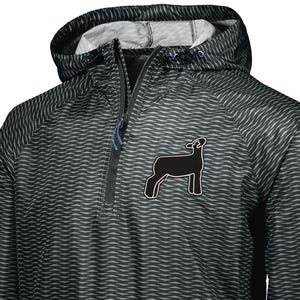 May include: Black and gray patterned pullover hoodie with a black sheep silhouette on the front.