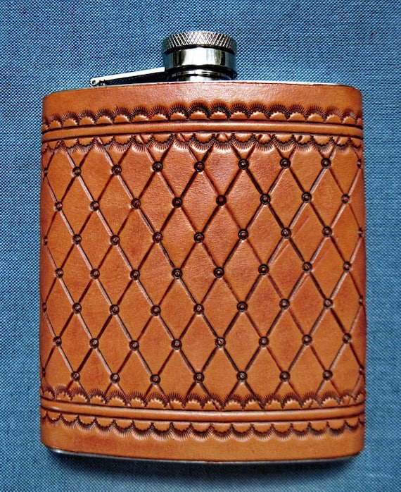 8 oz Hand Tooled Leather Whiskey Flask Made in USA Etsy