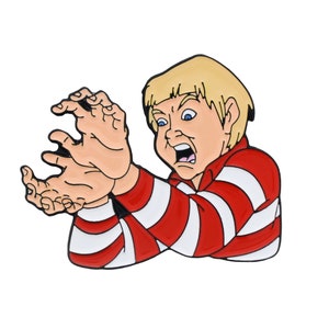 May include: A cartoon character with blonde hair and a red and white striped shirt is shown with a scared expression and his hands raised in a defensive gesture.