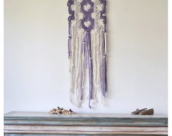 Macrame wall hanging from a tree branch with natural cotton twine, purple & gray wool yarn. Ethnic, tribal, african, unique, boho, bohemian