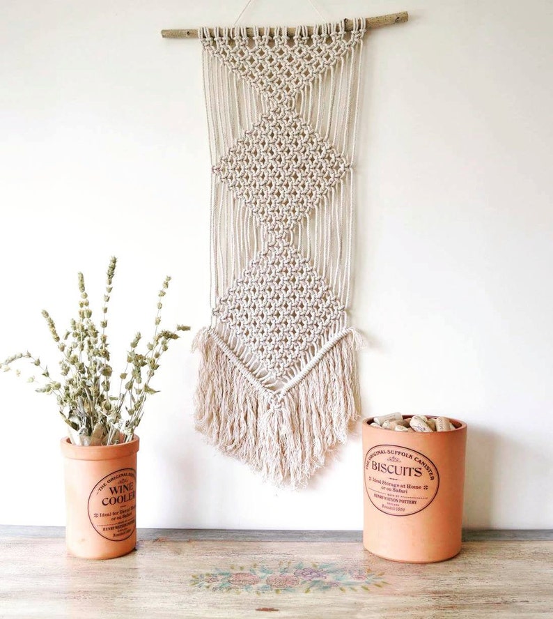 SALE Bohemian macrame wall hanging with natural cotton rope and a tree branch. 70s, minimal, ecological, modern, vintage image 1