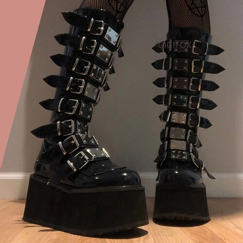 Punk Gothic Black High Heel Shoes Knee 
