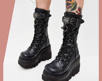 Punk Gothic Black High Heel Shoes Knee-High,Combat Boots, Goth Platform Boots, Gothic Cosplay Shoes, Cosplay High Boots, Chunky, Punk Shoes