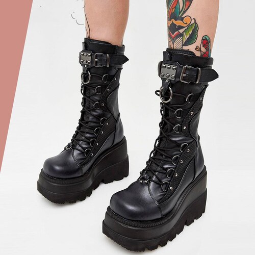 Punk Gothic Black High Heel Shoes Knee-highcombat Boots Goth - Etsy