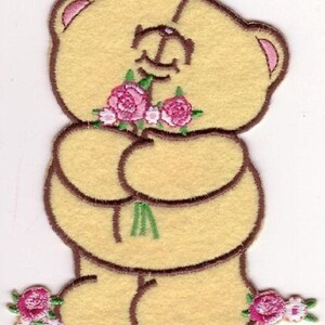 Teddy Bear with Flowers Iron On Applique 4.5" x 3"