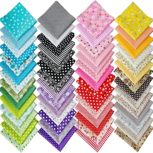May include: A collection of colorful fabric squares in various patterns, including polka dots, stripes, floral, and geometric designs. The fabrics are in shades of blue, green, pink, red, yellow, black, white, and purple. These squares are likely for quilting or crafting.