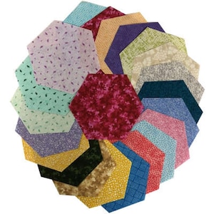 May include: A collection of colorful, hexagon-shaped fabric pieces arranged in a circular pattern. The fabrics feature various patterns and colors, including floral, geometric, and abstract designs. Colors range from pinks and purples to greens, blues, and yellows.