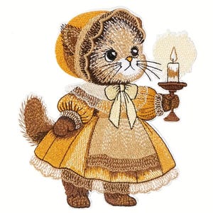 May include: Embroidered patch of a cat in a bonnet and dress, holding a candle. The cat is in shades of brown and gold, with a cream bow and collar. The candle has a flickering flame, and the patch has a white background. A decorative item.