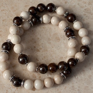 Coffee and Cream Stretch Bracelet; Bronzite and Fossil Jade Bracelets