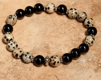 Dalmatian Jasper and Onyx Stretch Bracelet; Black Spotted Bracelet