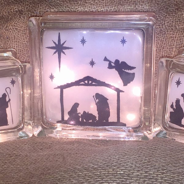 Nativity Scene Lighted Glass Blocks, Christmas Decor