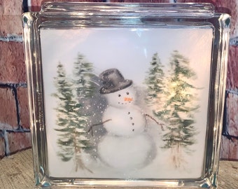 Snowman in Woods Lighted Glass Block, Christmas Decor, Snowman Decor, Snowman Gift, Snowman Lover Decor, Unique Snowman Gift