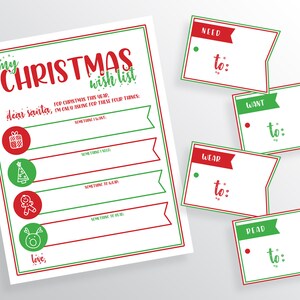Desear. Necesidad. Tener puesto. Leer. Lista de deseos de Navidad de 4 regalos imprimible, con etiquetas de regalo