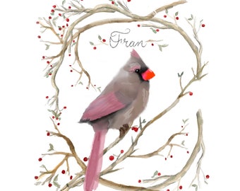 Single Female Cardinal on a Branch (Personalization Available) print by Spaghetti Mom Art Prints, Art Print, Wall Prints