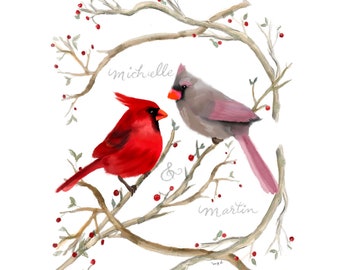 Cardinals in Wreath with Personalization print by Spaghetti Mom Art Prints, Art Print, Wall Prints, Art Prints Online, Art Prints for Sale