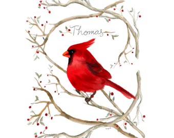 Single Male Cardinal on a Branch (Personalization Available) print by Spaghetti Mom Art Prints, Art Print, Wall Prints