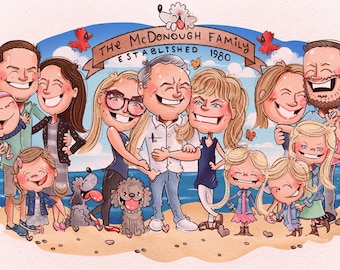 Karikatur Benutzerdefinierte Porträt ORNATE, 8 "x 10" Familien Illustration, Familien Porträt, Hochzeitseinladung, Jubiläum Porträt Original Kunst