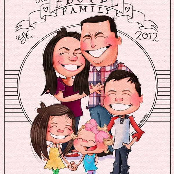 BASIC Custom Portrait Caricature, 8" x 10"  Family Illustration , Family Portrait, Wedding Invitation, Anniversary portrait Original artwork