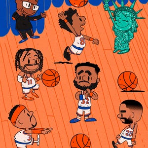 May include: A cartoon illustration on an orange basketball court background featuring six basketball players in white and blue uniforms, a Statue of Liberty figure, and several basketballs. The text by SPAGHETTI TOES is in the bottom right corner.