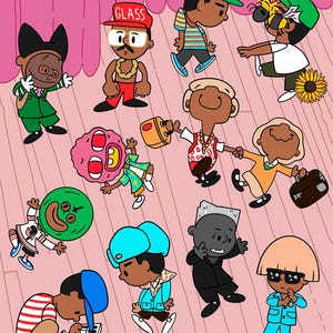 May include: A cartoon illustration featuring various characters in different outfits and poses. Some characters wear hats with text like "GLASS" and "WOL." The artwork is on a pink background with a wooden floor pattern. The artist's signature "by SPAGHETTI TOES" is at the bottom.