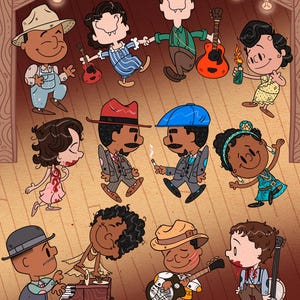 May include: A colorful cartoon illustration of a musical ensemble on a stage. The characters are dressed in vintage attire and playing instruments like guitars, a piano, and a banjo. The text "by SPAGHETTI TOES" is visible at the bottom.