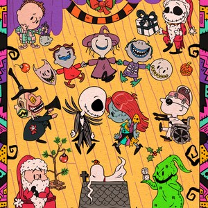 May include: A colorful illustration featuring characters from The Nightmare Before Christmas in a Christmas theme. Jack Skellington in a Santa suit, Sally, and other characters are depicted with Christmas decorations and gifts. The artwork is signed "by SPAGHETTI TOES."