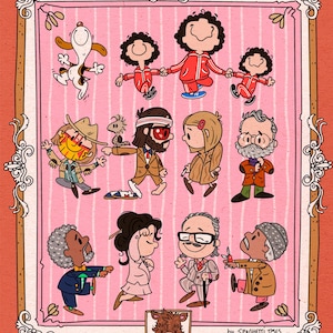 Könnte beinhalten: Eine farbenfrohe Cartoon-Illustration mit einem rosa gestreiften Hintergrund und einem dekorativen Rahmen. Die Zeichnung zeigt verschiedene Comicfiguren, darunter Snoopy und Charlie Brown, in verschiedenen Outfits. Signiert mit "by SPAGHETTI TOES".