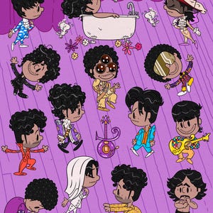 May include: A digital illustration featuring multiple cartoon characters with curly black hair in various outfits and poses, including a bathtub scene, a purple guitar symbol, and the text by SPAGHETTI TOES in the bottom right corner.