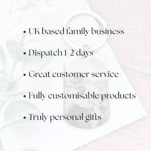 May include: A silver-toned metal rectangular keychain featuring a circular split ring and a black and white photograph of a person printed on the surface. The image includes text listing business details: UK based family business, Dispatch 1-2 days, Great customer service, Fully customisable products, and Truly personal gifts.