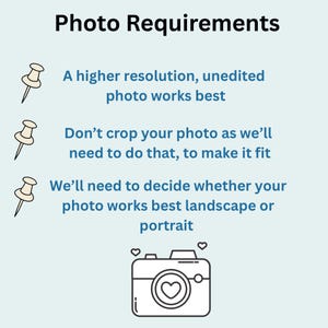 May include: A light blue informational graphic titled Photo Requirements with three beige pushpin icons and a black and white camera icon with a heart. The text provides instructions on photo resolution, cropping, and orientation for images.