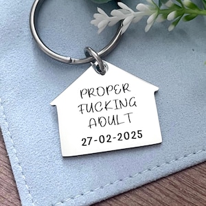 First Home keyring Gift, Funny House Warming Gift, Proper Fucking Adult house shaped Keychain Stainless Steel, ADD PERSONALISATION on back.