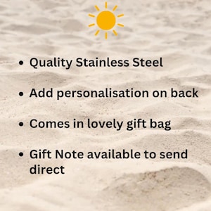 May include: A list of features for a personalized stainless steel gift. The features include: Quality Stainless Steel, Add personalization on back, Comes in lovely gift bag, Gift Note available to send direct.