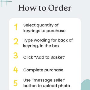 May include: A light blue informational graphic titled How to Order with five numbered steps in yellow. The text instructs to select quantity, type wording for the back of the keyring, click Add to Basket, complete purchase, and use message seller.