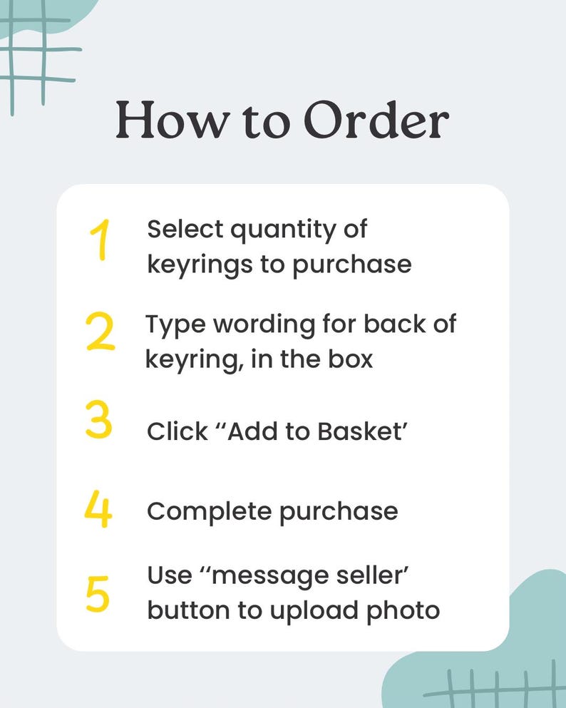 May include: A light blue informational graphic titled How to Order with five numbered steps in yellow. The text instructs to select quantity, type wording for the back of the keyring, click Add to Basket, complete purchase, and use message seller.