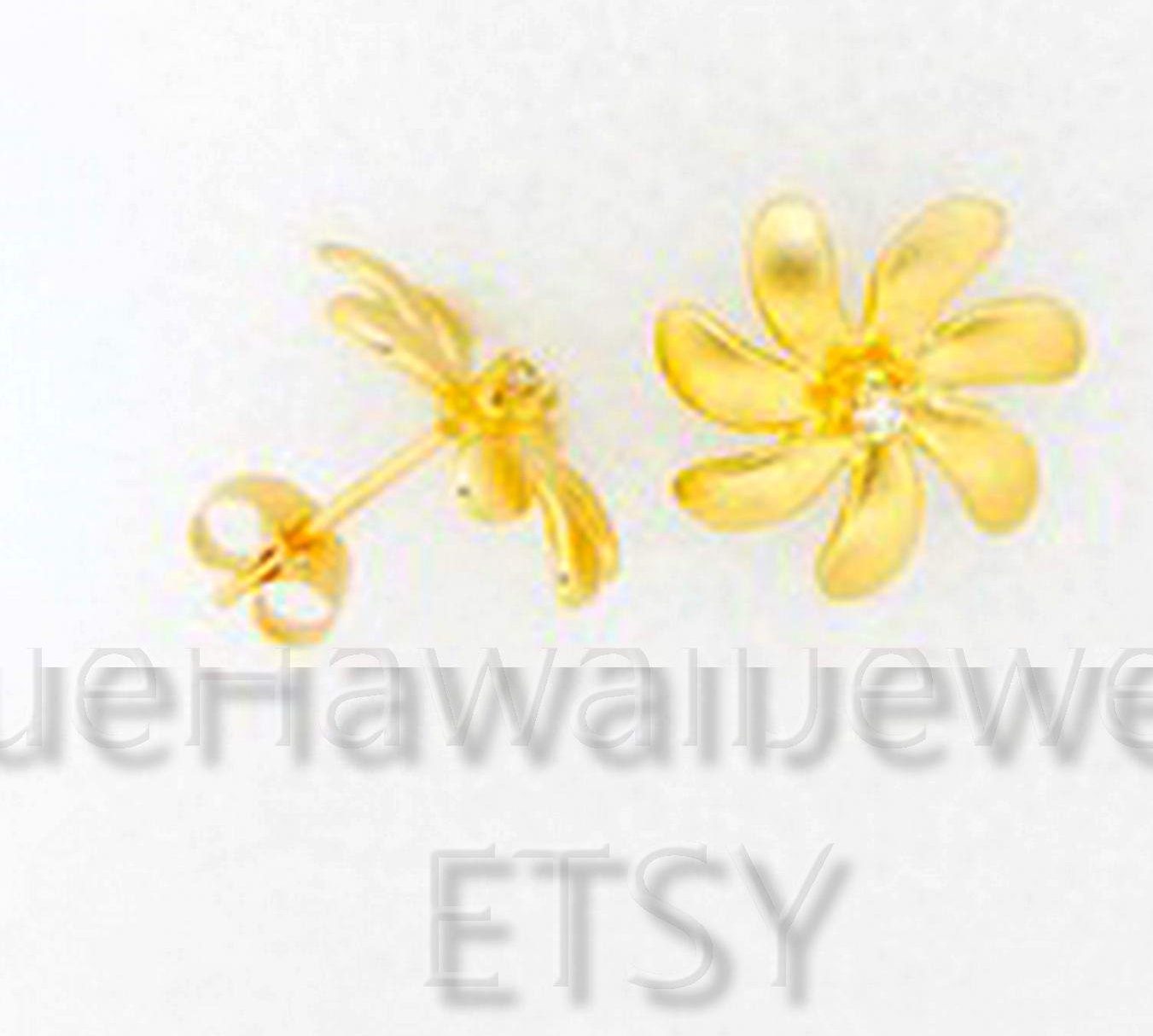 14mm Diamond 14k Gold 3-D Tiare Flower Earrings Hawaiian Made