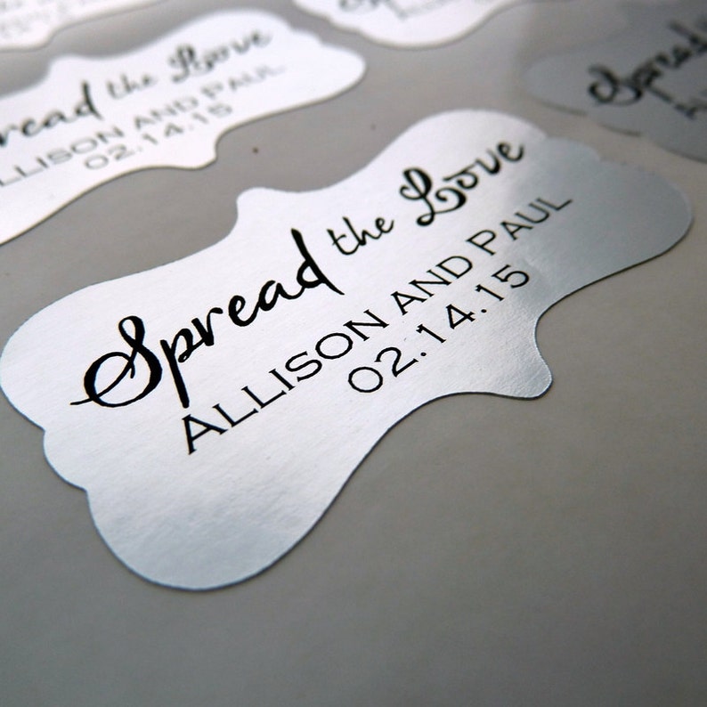 20 Wedding Favor Stickers Silver Sticker Foil Sticker 2x1.25 Spread the Love Sticker Metallic Sticker Custom Wedding Sticker