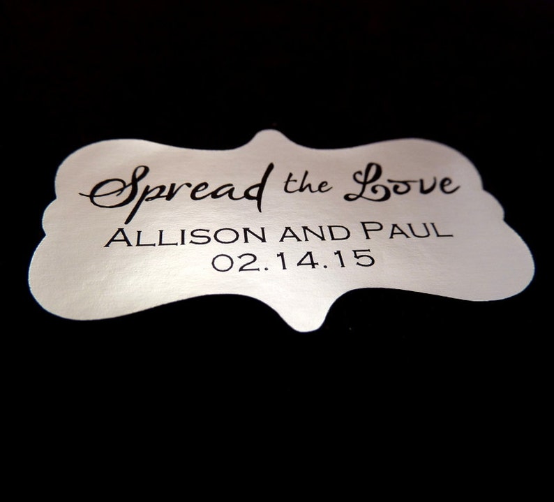20 Wedding Favor Stickers Silver Sticker Foil Sticker 2x1.25 Spread the Love Sticker Metallic Sticker Custom Wedding Sticker