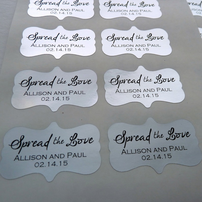 20 Wedding Favor Stickers Silver Sticker Foil Sticker 2x1.25 Spread the Love Sticker Metallic Sticker Custom Wedding Sticker
