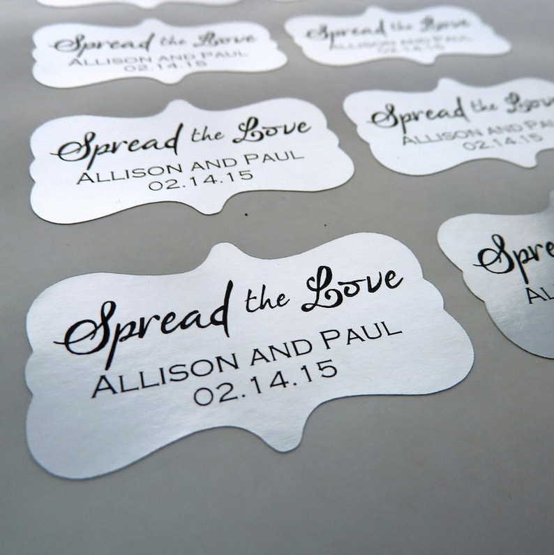 20 Wedding Favor Stickers Silver Sticker Foil Sticker 2x1.25 Spread the Love Sticker Metallic Sticker Custom Wedding Sticker